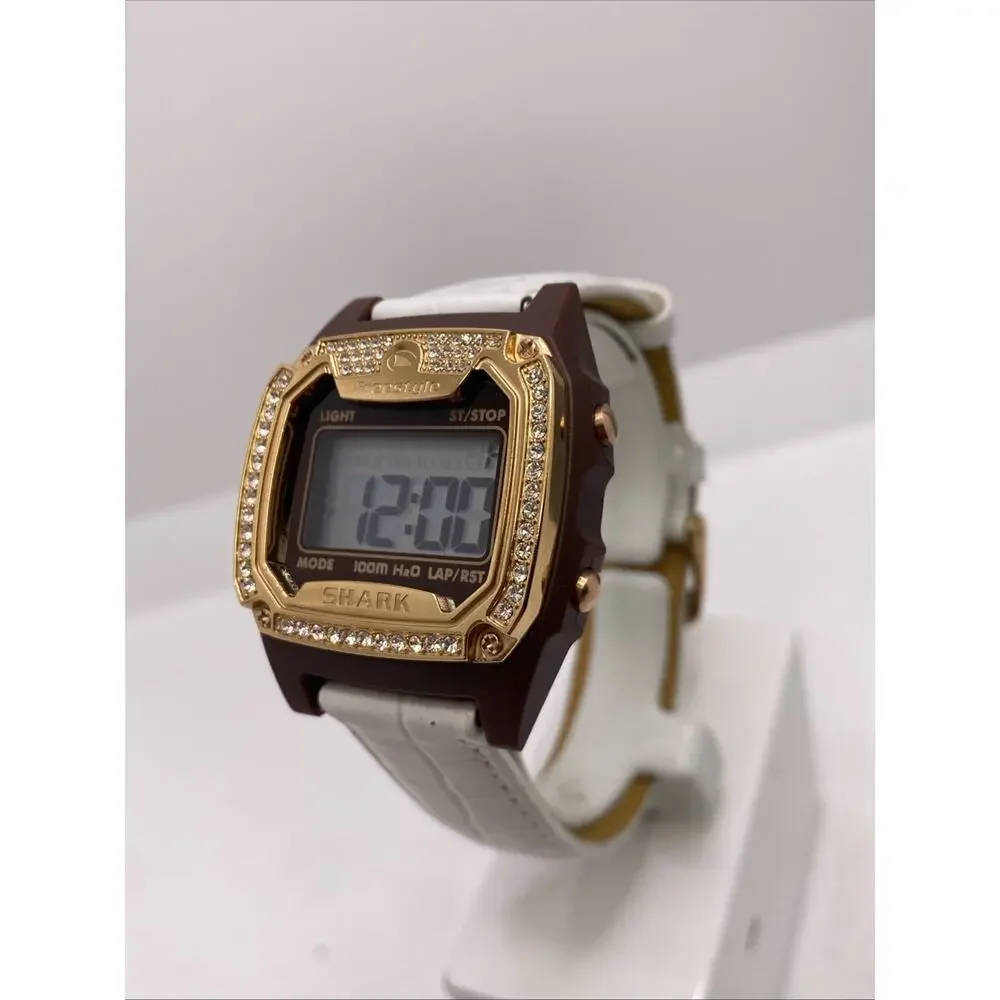 Freestyle Shark Rosegold Rhinestone White Leather Band Surfing Watch New Battery
